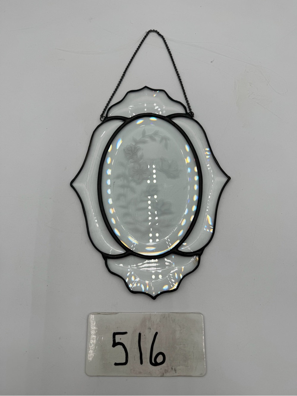 Vintage Leaded Stained Glass Hanging Suncatcher Etched Floral Oval Window Panel